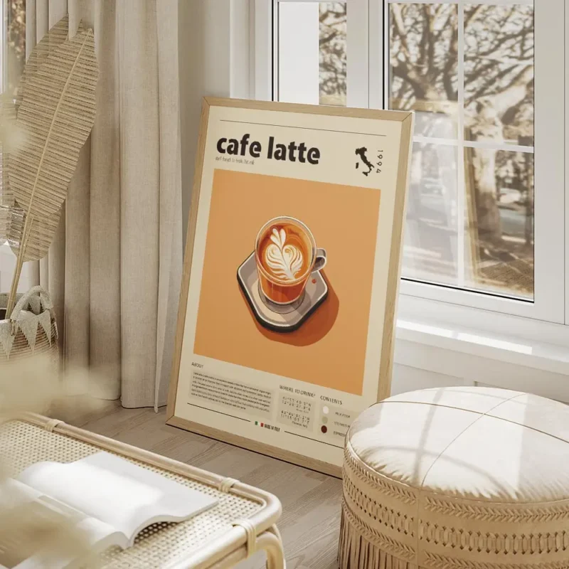 affiche de cafe latte avec typographie et infographie sur la boisson au lait salon beige 1.webp