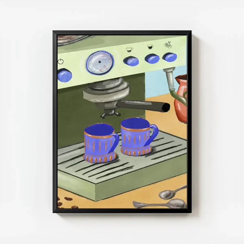 affiche de cafe texturee avec une machine a expresso verte et deux tasses a cafe avec cadre.webp