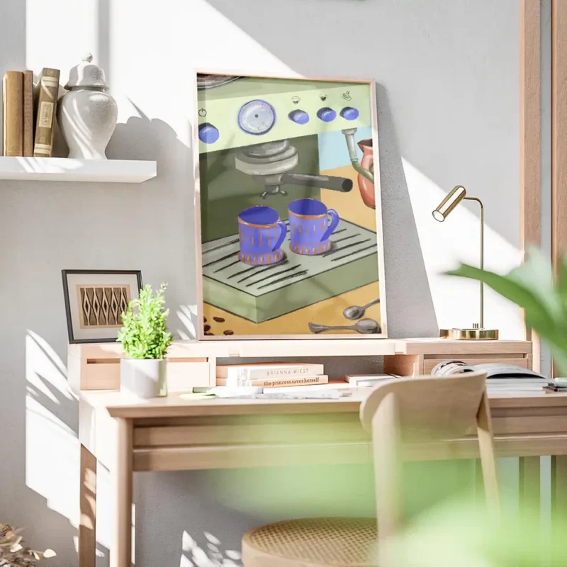 affiche de cafe texturee avec une machine a expresso verte et deux tasses a cafe bureau.webp