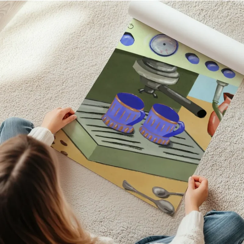 affiche de cafe texturee avec une machine a expresso verte et deux tasses a cafe en rouleau.webp