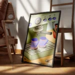 affiche de cafe texturee avec une machine a expresso verte et deux tasses a cafe encadre.webp