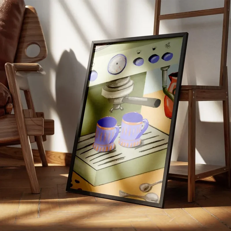 affiche de cafe texturee avec une machine a expresso verte et deux tasses a cafe encadre.webp