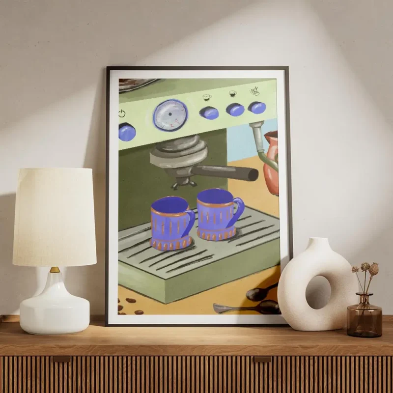 affiche de cafe texturee avec une machine a expresso verte et deux tasses a cafe meuble.webp