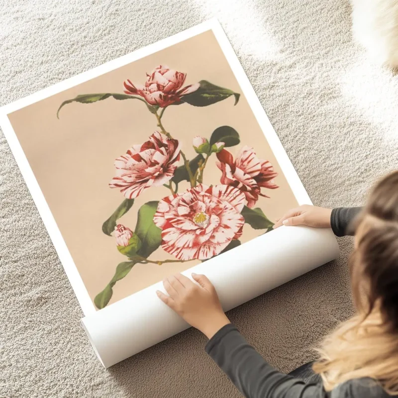 affiche de camelias rayes blancs et roses sur fond beige avec des feuilles verte au sol.webp