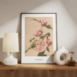 affiche de camelias rayes blancs et roses sur fond beige avec des feuilles verte meuble.webp