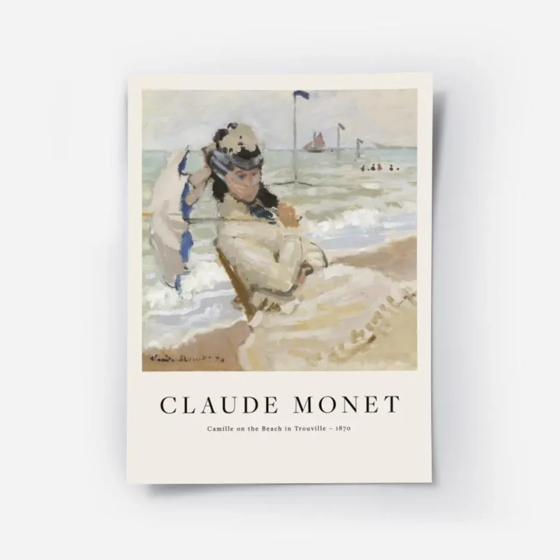 affiche de camille sur la plage de trouville par monet une femme assise tenant u.webp