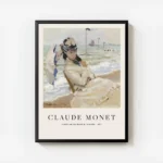affiche de camille sur la plage de trouville par monet une femme assise tenant u avec cadre.webp