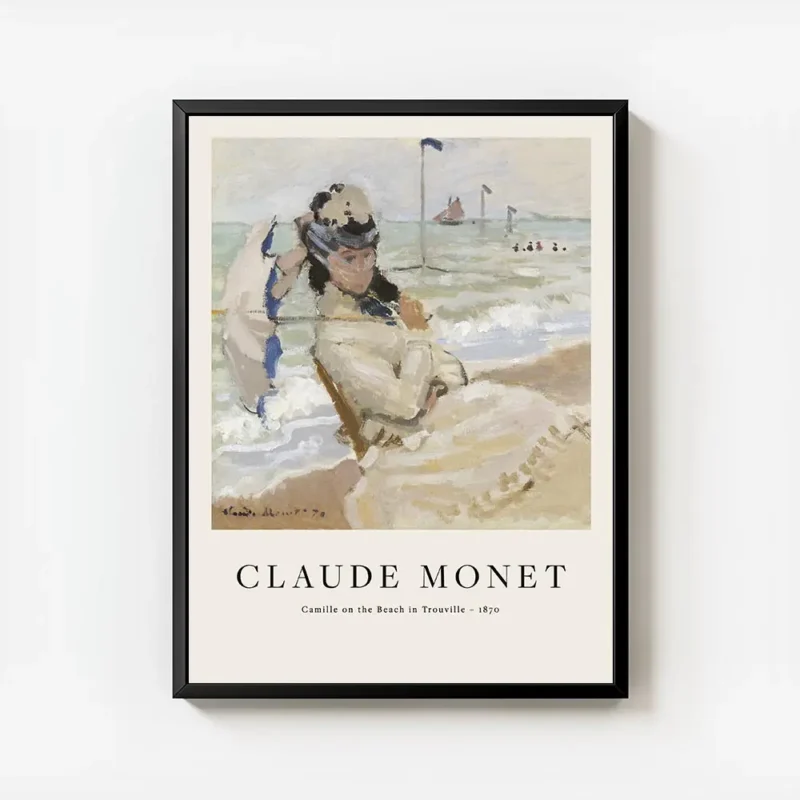 affiche de camille sur la plage de trouville par monet une femme assise tenant u avec cadre.webp