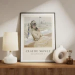 affiche de camille sur la plage de trouville par monet une femme assise tenant u meuble.webp
