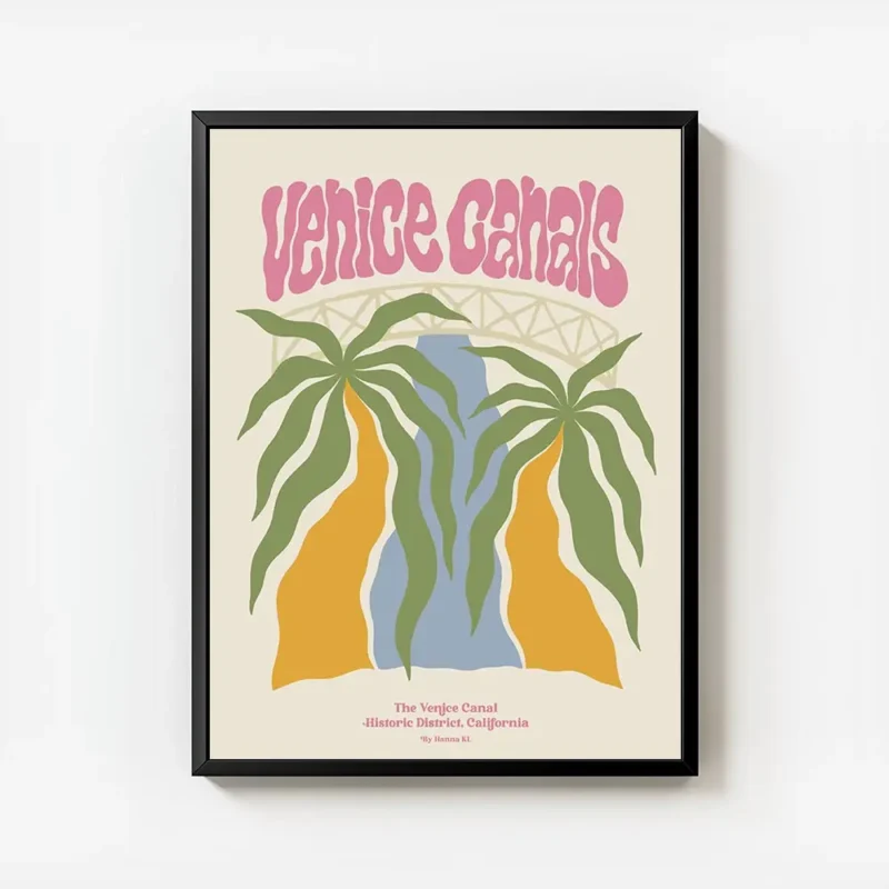 affiche de canaux de venise avec pont et palmiers sur fond beige et texte rose avec cadre.webp