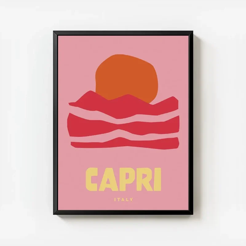 affiche de capri aux couleurs vives avec un soleil orange des montagnes roses et avec cadre.webp