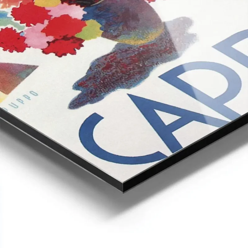 affiche de capri vue sur la mer avec des rochers des batiments blancs et un vase aluminium.webp