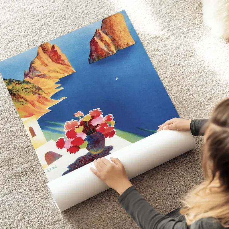 affiche de capri vue sur la mer avec des rochers des batiments blancs et un vase au sol.webp