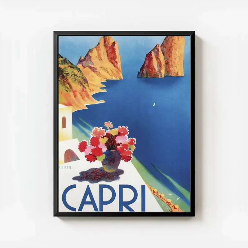 affiche de capri vue sur la mer avec des rochers des batiments blancs et un vase avec cadre.webp