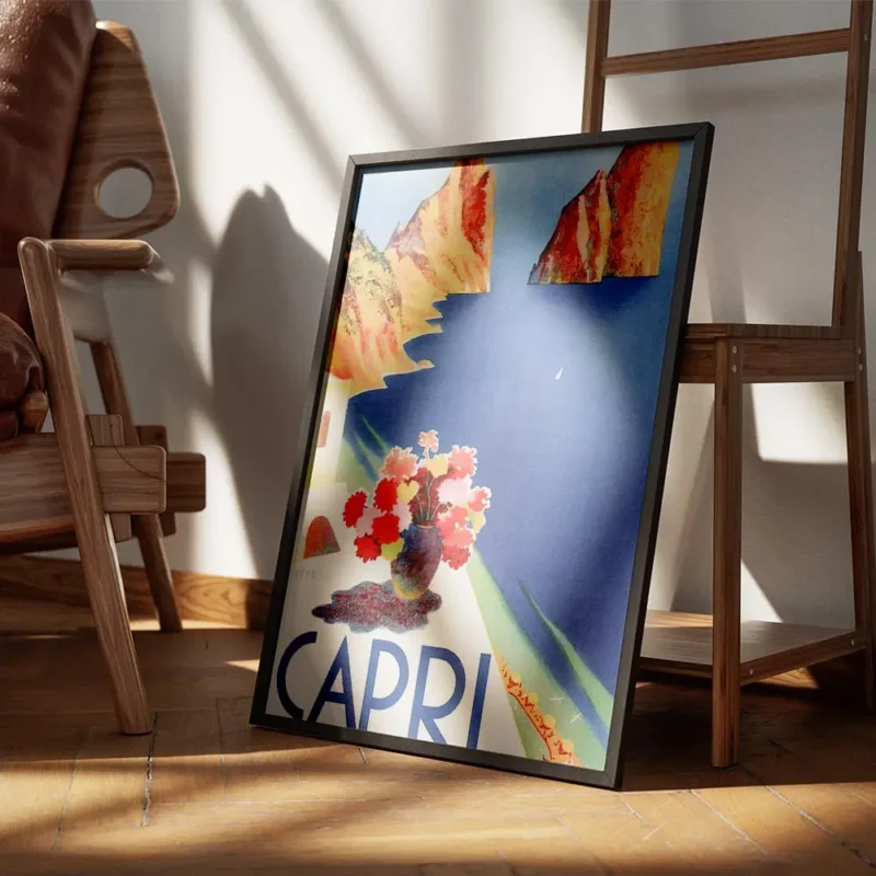 affiche de capri vue sur la mer avec des rochers des batiments blancs et un vase encadre.webp