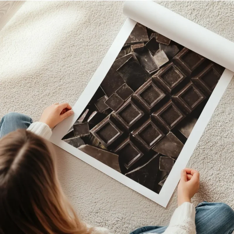 affiche de carres de chocolat noir et de morceaux brises une photographie tentan en rouleau.webp