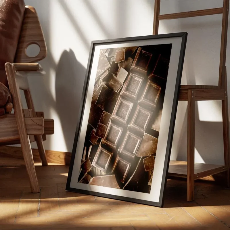 affiche de carres de chocolat noir et de morceaux brises une photographie tentan encadre.webp