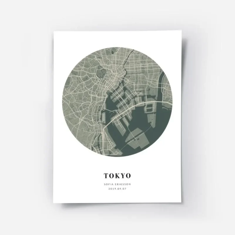 affiche de carte de ville personnalisee en forme de globe vert mousse et beige a.webp