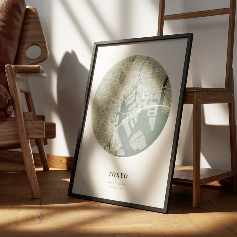 affiche de carte de ville personnalisee en forme de globe vert mousse et beige a encadre.webp