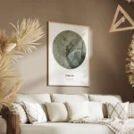 affiche de carte de ville personnalisee en forme de globe vert mousse et beige a salon.webp