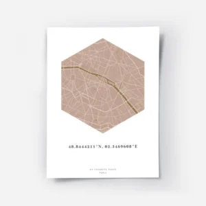 affiche de carte de ville personnalisee en forme dhexagone tons rose et moutarde.webp