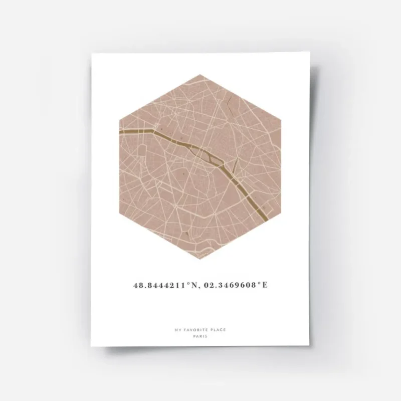 affiche de carte de ville personnalisee en forme dhexagone tons rose et moutarde.webp