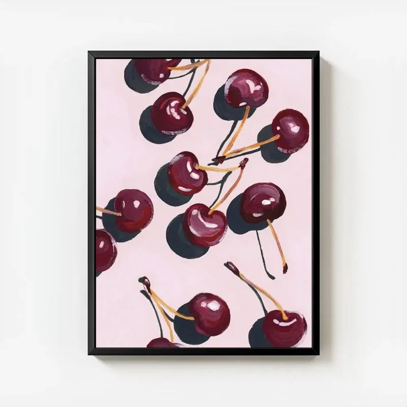 affiche de cerises rouges stylisees avec des ombres sur un fond rose uni dessin avec cadre.webp