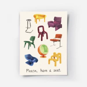 affiche de chaises de designer variees peintes a la main avec le texte please ha.webp