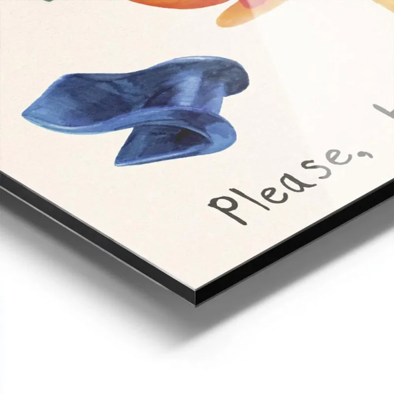 affiche de chaises de designer variees peintes a la main avec le texte please ha aluminium.webp
