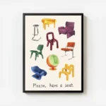 affiche de chaises de designer variees peintes a la main avec le texte please ha avec cadre.webp