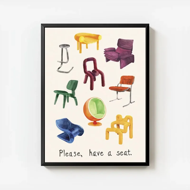 affiche de chaises de designer variees peintes a la main avec le texte please ha avec cadre.webp
