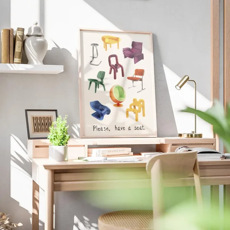 affiche de chaises de designer variees peintes a la main avec le texte please ha bureau.webp