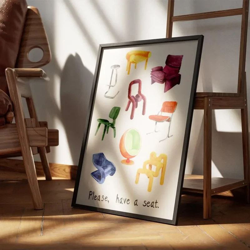 affiche de chaises de designer variees peintes a la main avec le texte please ha encadre.webp