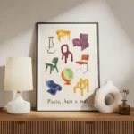 affiche de chaises de designer variees peintes a la main avec le texte please ha meuble.webp