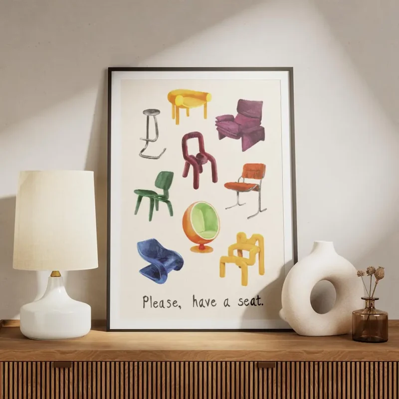 affiche de chaises de designer variees peintes a la main avec le texte please ha meuble.webp