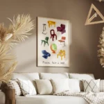 affiche de chaises de designer variees peintes a la main avec le texte please ha salon.webp