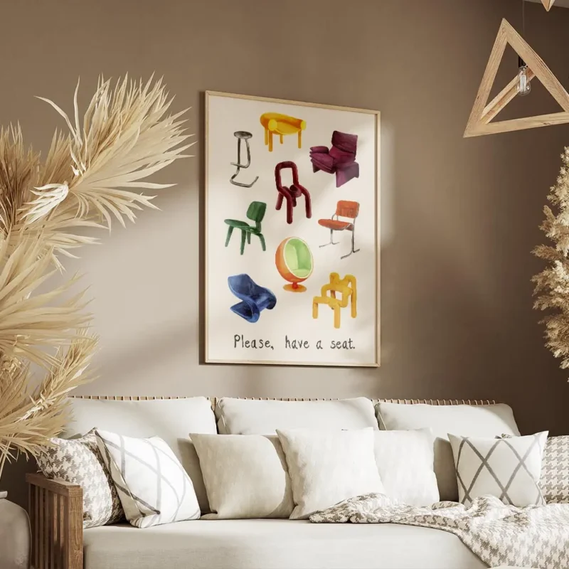 affiche de chaises de designer variees peintes a la main avec le texte please ha salon.webp
