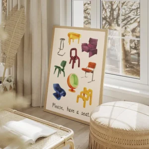 affiche de chaises de designer variees peintes a la main avec le texte please ha salon beige.webp