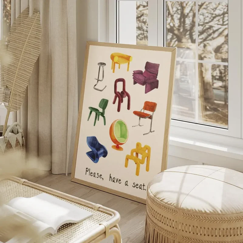 affiche de chaises de designer variees peintes a la main avec le texte please ha salon beige.webp