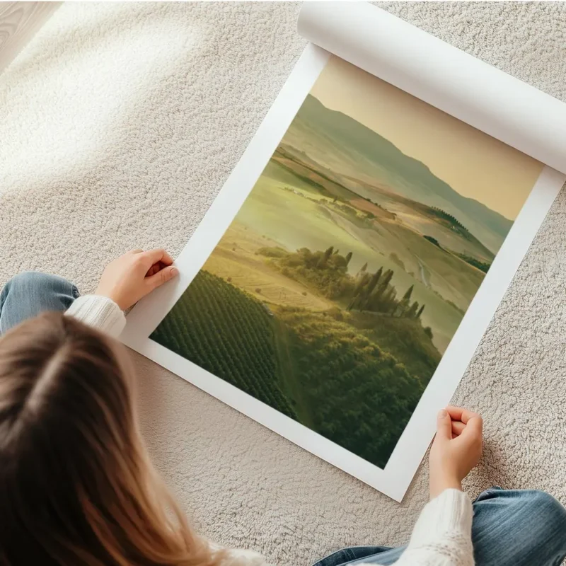 affiche de champs verdoyants et collines de toscane au coucher du soleil avec ty en rouleau.webp