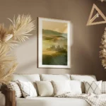 affiche de champs verdoyants et collines de toscane au coucher du soleil avec ty salon.webp