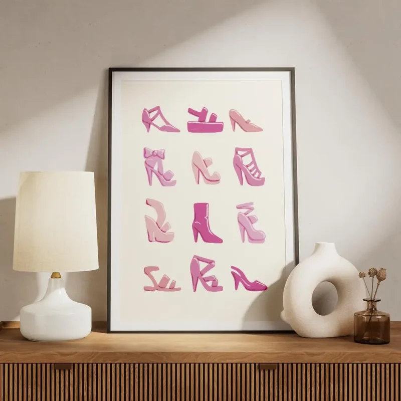 affiche de chaussures roses illustration de divers modeles de talons hauts et bo meuble.webp