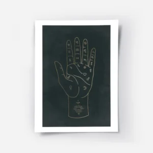 affiche de chiromancie avec une main doree et des signes astronomiques sur fond .webp