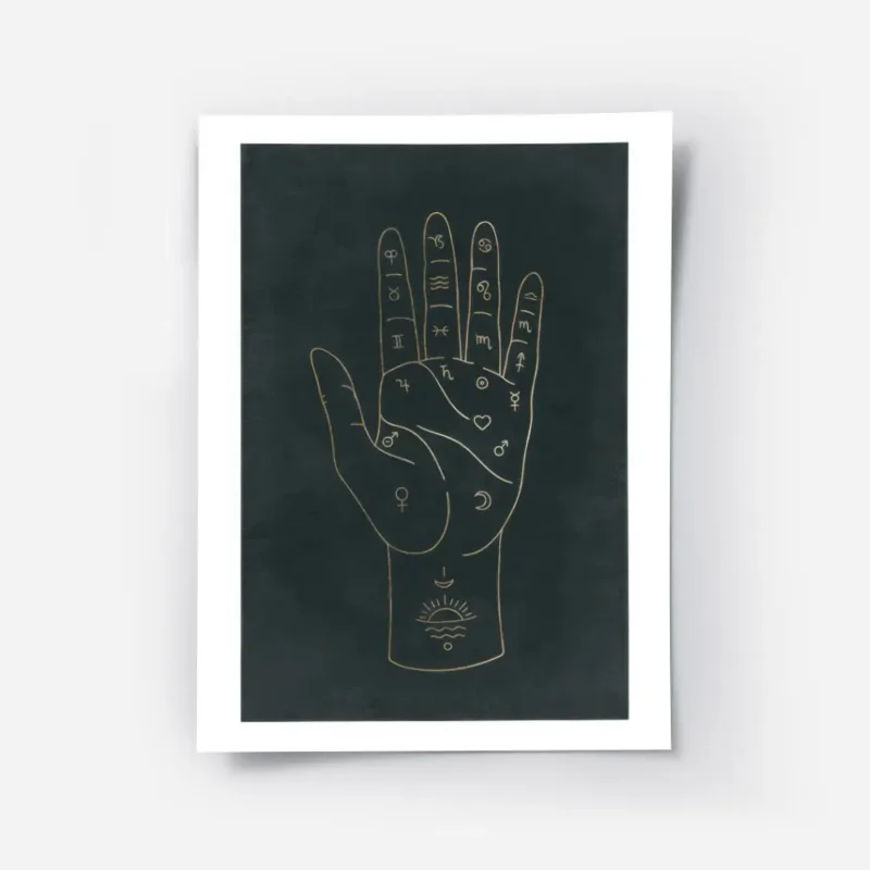 affiche de chiromancie avec une main doree et des signes astronomiques sur fond .webp