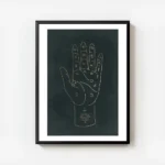 affiche de chiromancie avec une main doree et des signes astronomiques sur fond avec cadre.webp