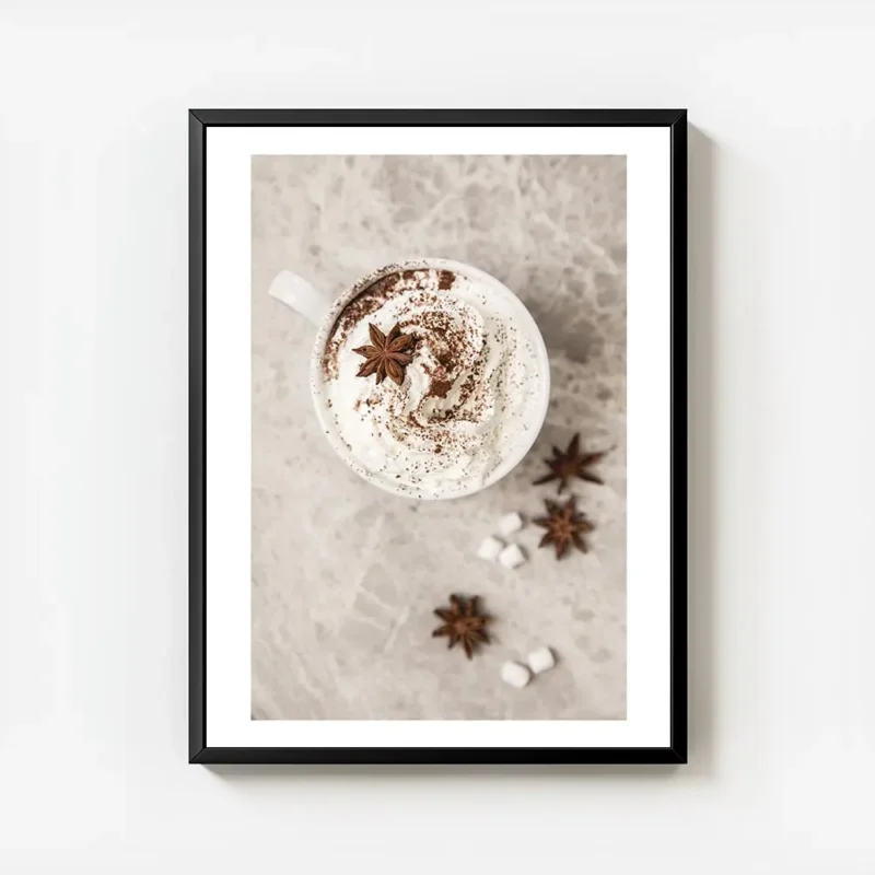 affiche de chocolat chaud avec creme fouettee cannelle et anis etoile sur un fon avec cadre.webp