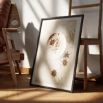 affiche de chocolat chaud avec creme fouettee cannelle et anis etoile sur un fon encadre.webp