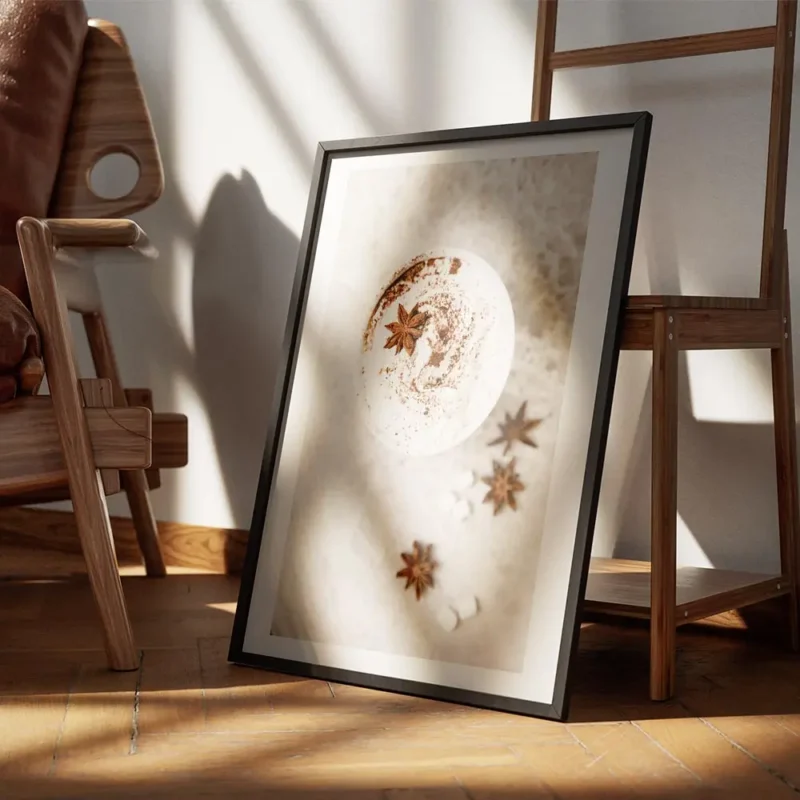 affiche de chocolat chaud avec creme fouettee cannelle et anis etoile sur un fon encadre.webp