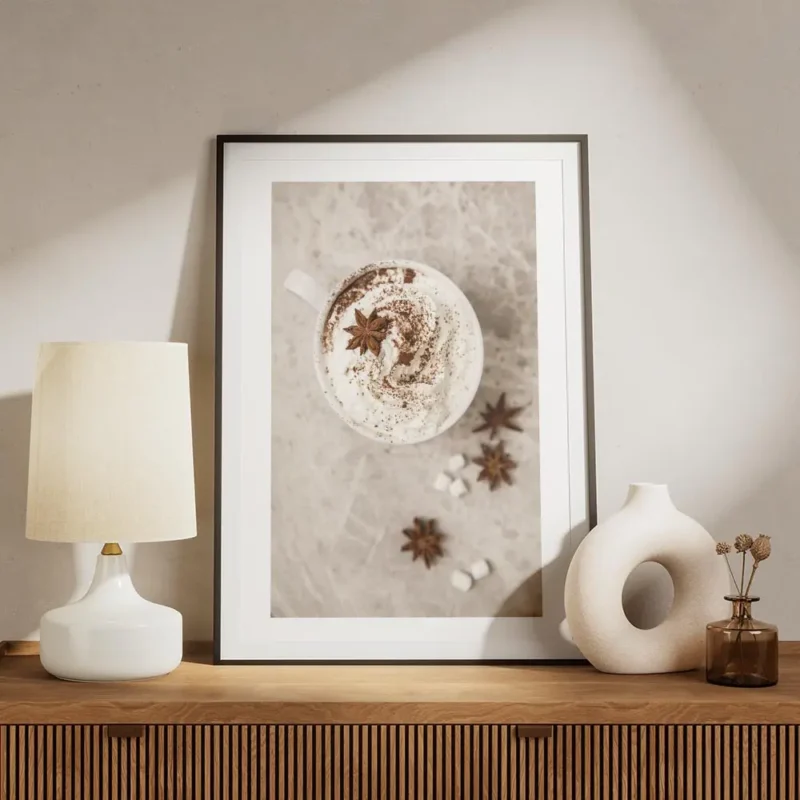 affiche de chocolat chaud avec creme fouettee cannelle et anis etoile sur un fon meuble.webp