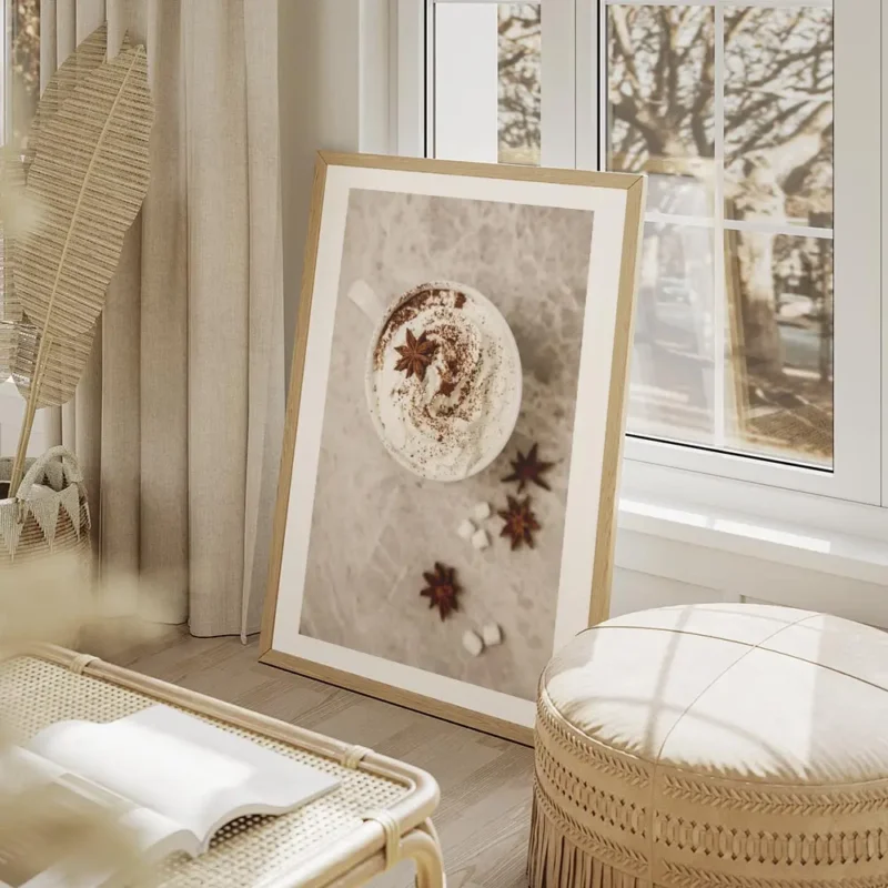 affiche de chocolat chaud avec creme fouettee cannelle et anis etoile sur un fon salon beige.webp